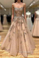 Champagne Lace Tulle Long Semi Formal Prom Dress Formal Evening Dress Ball Gown