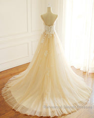 Champagne Long A-line Sweetheart Tulle Spaghetti Sweep Train Wedding Dresses