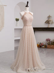 Champagne Pink Long Prom Dress, A Line Tulle Formal Dress Graduation Dresses
