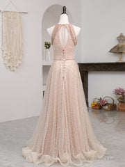 Champagne Pink Long Prom Dress, A Line Tulle Formal Dress Graduation Dresses