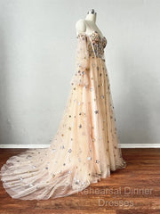 Champagne Puffy Sleeves Tulle Long Evening Dress, Champagne Party Dress Semi Formal Prom Dress