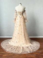 Champagne Puffy Sleeves Tulle Long Evening Dress, Champagne Party Dress Semi Formal Prom Dress