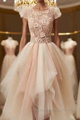Champagne round neck tulle beads short Semi Formal Prom Dresses, homecoming Dresses
