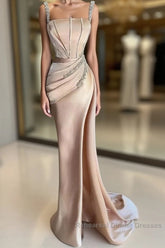 Champagne Satin Straps Beading Mermaid Semi Formal Prom Dress