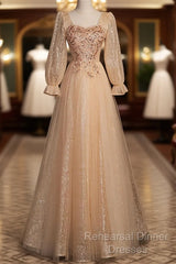 Champagne Short Sleeves Beaded Long Party Dress, A-Line Tulle Semi Formal Prom Dress