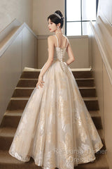 Champagne Spaghetti Strap Tulle Formal Dress, A-Line Sweetheart Neck Evening Party Dress