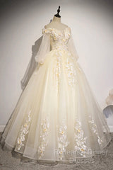 Champagne Tulle Lace Floor Length Semi Formal Prom Dress, Off Shoulder Long Sleeve Evening Dress