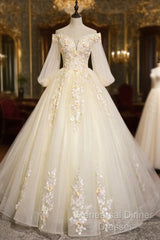 Champagne Tulle Lace Floor Length Semi Formal Prom Dress, Off Shoulder Long Sleeve Evening Dress