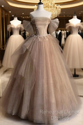 Champagne Tulle Lace Long Semi Formal Prom Dress, Champagne Formal Evening Dress