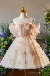 Champagne Tulle Print Knee Length Prom Dress, Lovely Off the Shoulder Backless Party Dress