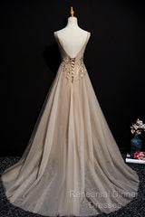 Champagne Tulle V-Neckline Long Lace Semi Formal Prom Dress, A-Line Formal Gown Party Dress
