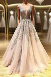 Champagne v neck tulle lace beads long Evening Prom Dress tulle formal Dress