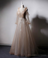 Champagne V Neck Tulle Lace Long Prom Dress, Champagne Formal Evening Dress