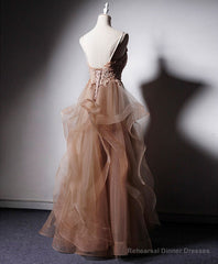 Champagne V Neck Tulle Lace Long Prom Dress, Champagne Graduation Dress