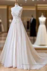 Champagne V Neck Tulle Lace Long Semi Formal Prom Dress Evening Dress A Line Sleeveless Formal Dress