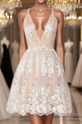 Champagne v neck tulle lace short Semi Formal Prom Dresses champagne tulle bridesmaid Dresses