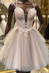Champagne v neck tulle lace short Semi Formal Prom Dresses lace homecoming Dresses