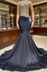 Charming Black Long Mermadi Jewel Satin Tulle Lace Appliques Evening Prom Dress