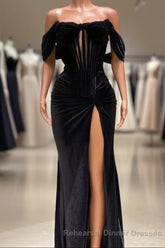 Charming Black Long Mermaid Off the Shoulder Velvet Semi Formal Prom Dress with Slit