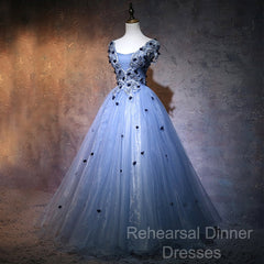 Charming Blue Ball Gown Lace Long Formal Dress, Blue Tulle Sweet 16 Dress With Flowers