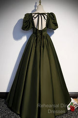 Charming Dark Green Puffy Sleeves Long Evening Gown, Satin Floor Length Semi Formal Prom Dress