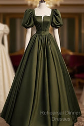 Charming Dark Green Puffy Sleeves Long Evening Gown, Satin Floor Length Semi Formal Prom Dress