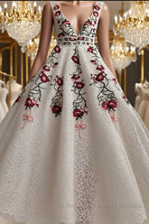 Charming Floral Embroidery Long Semi Formal Prom Dresses V Neck A Line Party Dresses