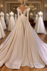 Charming Long A-line Cathedral V-neck Satin Lace Wedding Dress With Sleeves