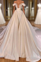 Charming Long A-line Off-the-shoulder Cathedral V-neck Satin Lace Wedding Dress