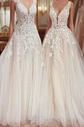 Charming Long A-Line V-neck Appliques Lace Tulle Wedding Dress