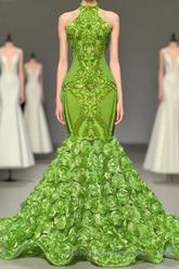 Charming Long Mermaid Halter Satin Lace Backless Semi Formal Prom Dress