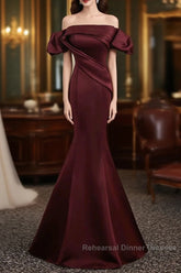 Charming Maroon Satin Mermaid Off Shoulder Semi Formal Prom Dress, Maroon Party Dress