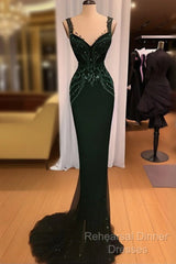 Charming Mermaid Straps Dark Green Sequin Semi Formal Prom Dress Long Semi Formal Prom Dresses