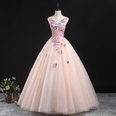 Charming Pink Flowers Ball Gown Long Sweet 16 Dress, Pink Prom Dress