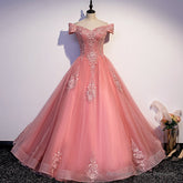 Charming Pink Off Shoulder Lace Applique Sweetheart Party Dress, Pink Prom Dress