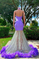 Charming Purple Long Mermaid Halter Satin Tulle Semi Formal Prom Dress