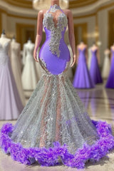 Charming Purple Long Mermaid Halter Satin Tulle Semi Formal Prom Dress