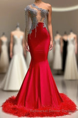 Charming Red Long Mermaid Tassel One Shoulder Satin Backless Semi Formal Prom Dress