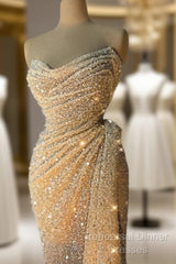 Charming Strapless V-Neck Crystal Sequins Draped Mermaid Semi Formal Prom Dresses