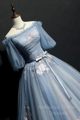 Charming Tulle Puffy Sleeves Long Formal Gown, Semi Formal Prom Dress
