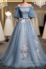 Charming Tulle Puffy Sleeves Long Formal Gown, Semi Formal Prom Dress