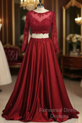 Cheap Burgundy Two-Piece Semi Formal Prom Dresses A Line Satin Lace Applique