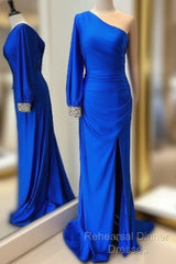 Cheap Mermaid  One Shoulder Semi Formal Prom Dresses Royal Blue  Long Sleeve Party Dress