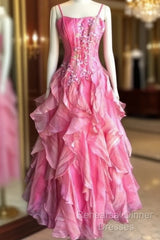 Chic Ball Gown Spaghetti Straps Pink Satin Evening Dress Long Semi Formal Prom Dresses With Embroidered