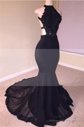 Chic Black Open Back Lace Prom Dresses Sleeveless See Through Tulle Evening Gown