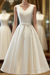 Chic Lace Up Tea Length Vintage Satin Ivory Wedding Dress