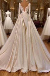 Chic Long A-line Cathedral V-neck Satin Lace Wedding Dress With Sleeves