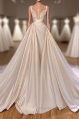 Chic Long A-line Sleeveless Spaghetti Strap Cathedral V-neck Satin Lace Wedding Dresses