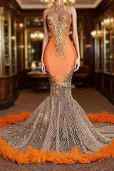 Chic Orange Long Mermaid Halter Sleeveless Tulle Semi Formal Dresses