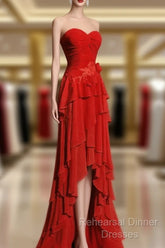 Chic Red High Low Chiffon Wedding Party Dress, Red Layers Long Formal Dress